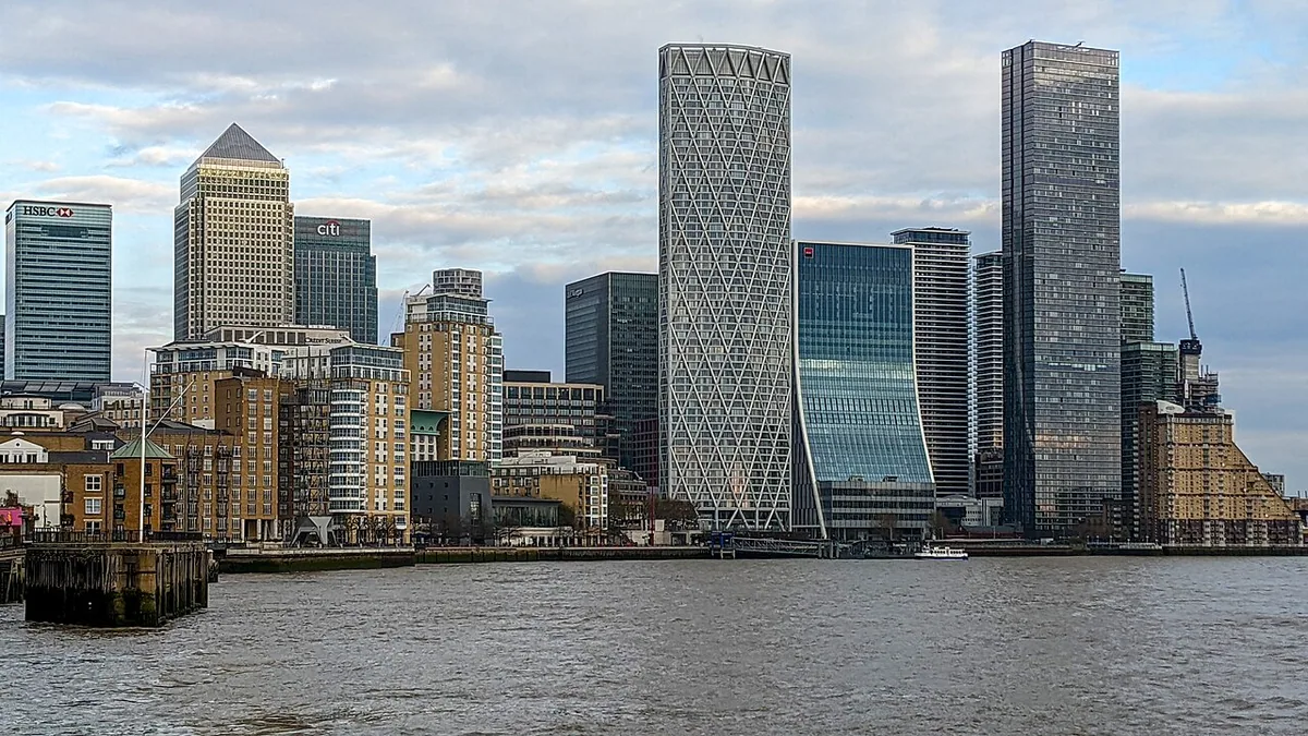 Canary Wharf from entrance to Limehouse Basin, London