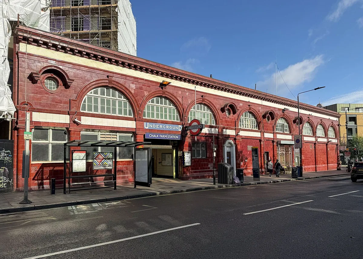 Chalk Farm Underground station on Adelaide Road, London. Opened in 1907, the Northern line station was designed by Leslie Green and has a Grade II-listed building with red glazed t