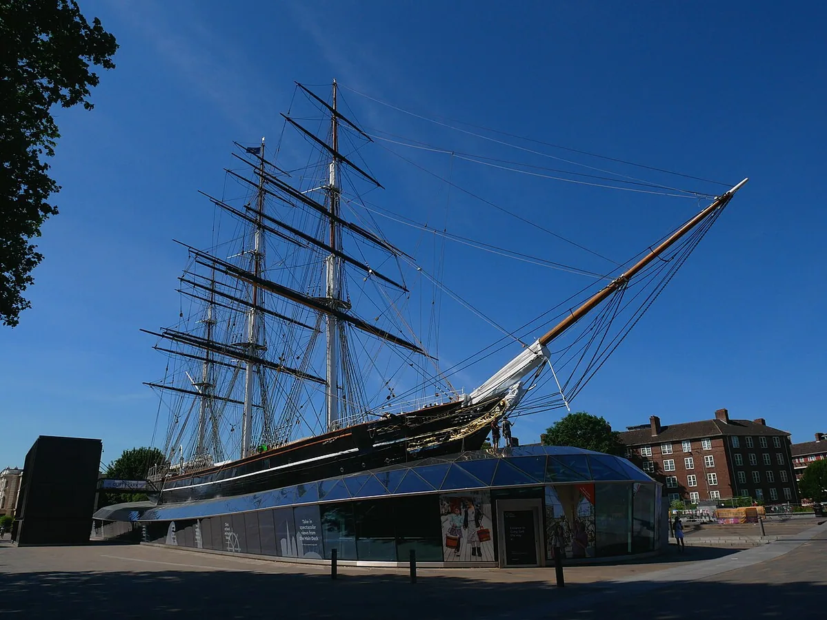A view of the Cutty Sark in Greenwich from the north-east