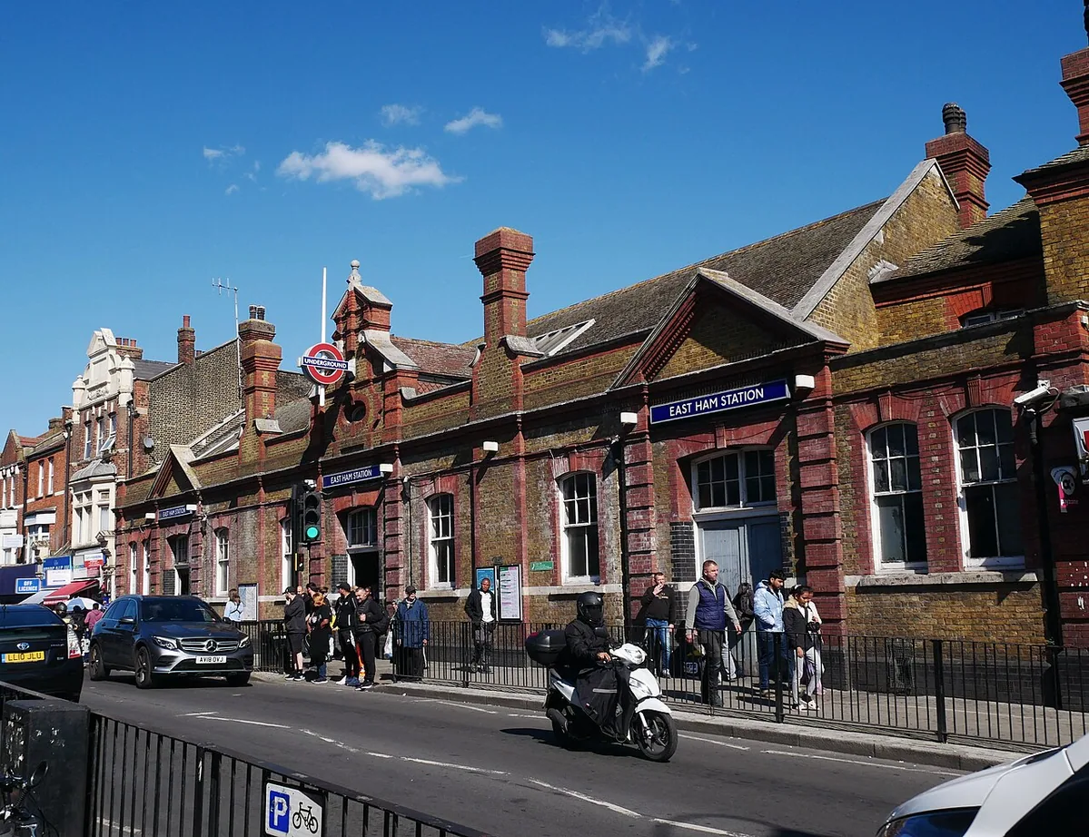 The exterior of East Ham tube station, as seen from the southwest.