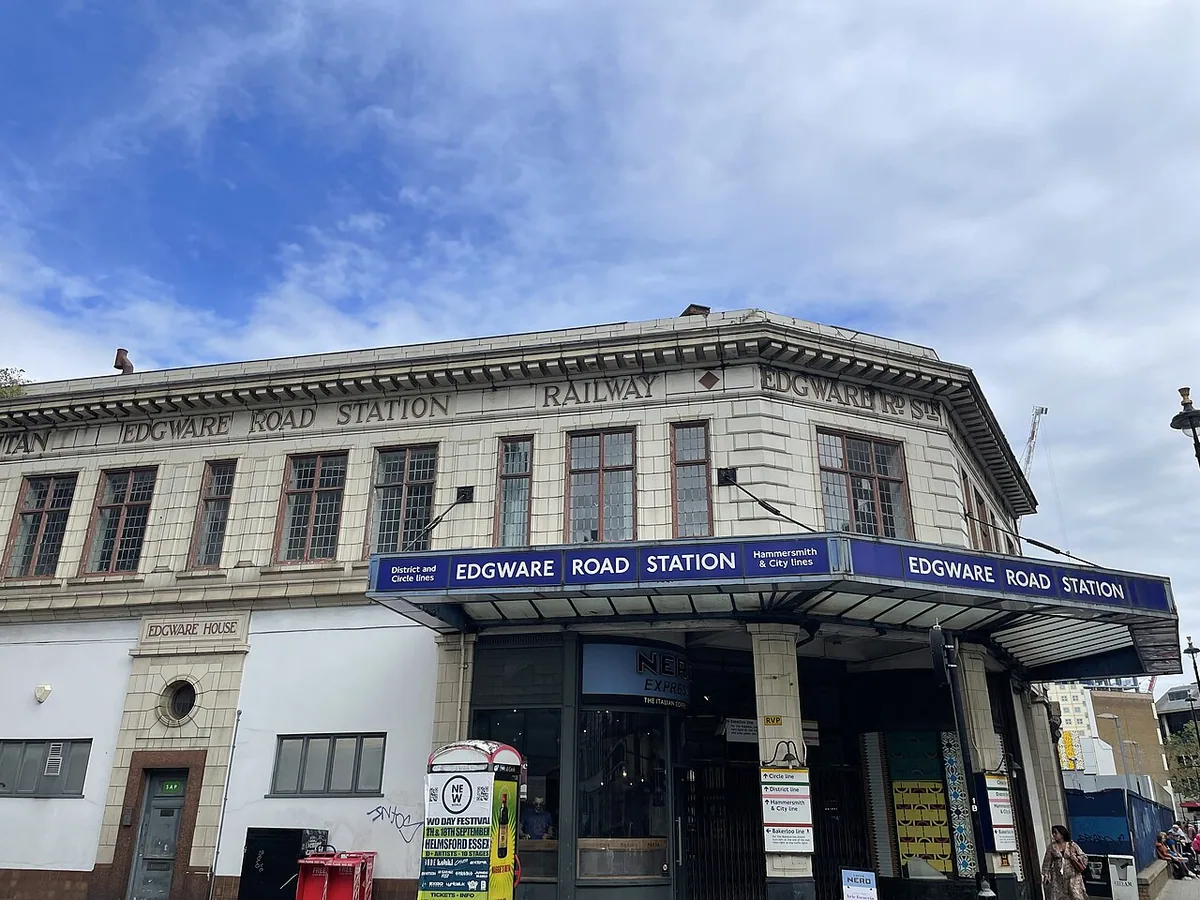 Edgware station for Circle, District, and Hammersmith City Lines, taken from Church Street.