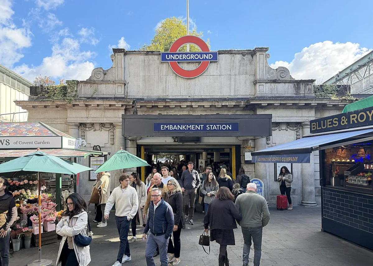 The Villiers Street entrance to London’s Embankment Underground station, which opened in 1870 and serves the Bakerloo, Circle, District and Northern lines.