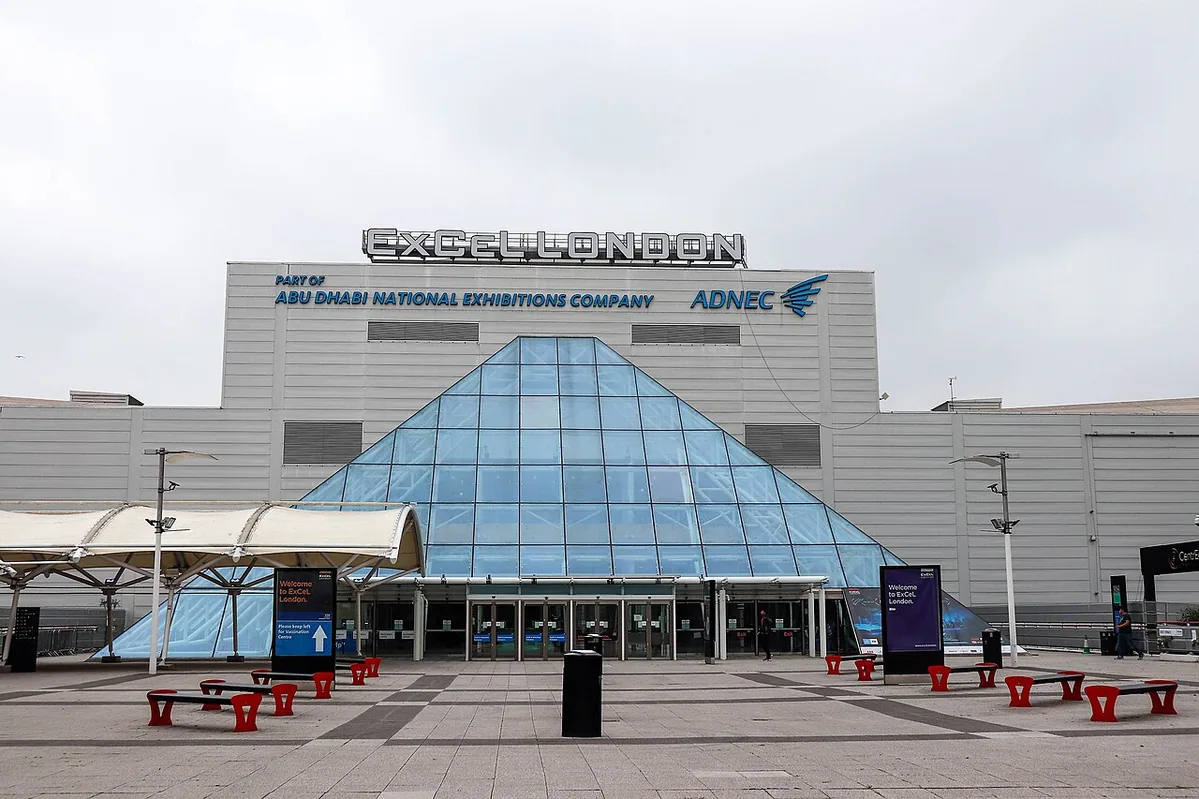 Photo of the main entrance to the Excel London event centre. You can use this image under the Attribution Creative Commons licence, though we ask that you please credit us by linki
