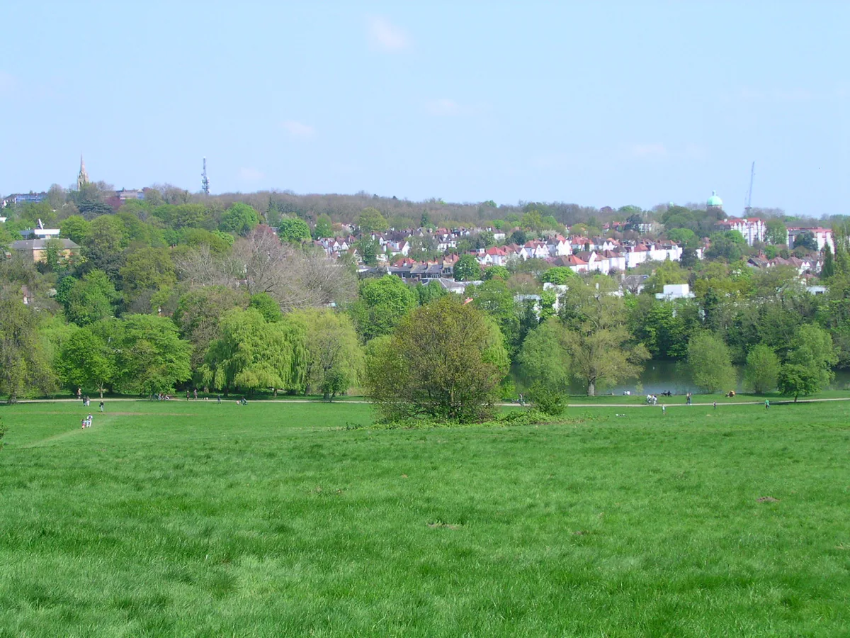 View of Highgate from Hampstead Heath, London, England.
