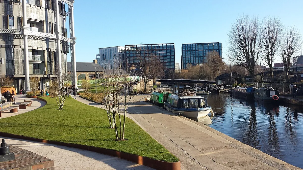 Repurposed gas holders and canal locks at Kings Cross.