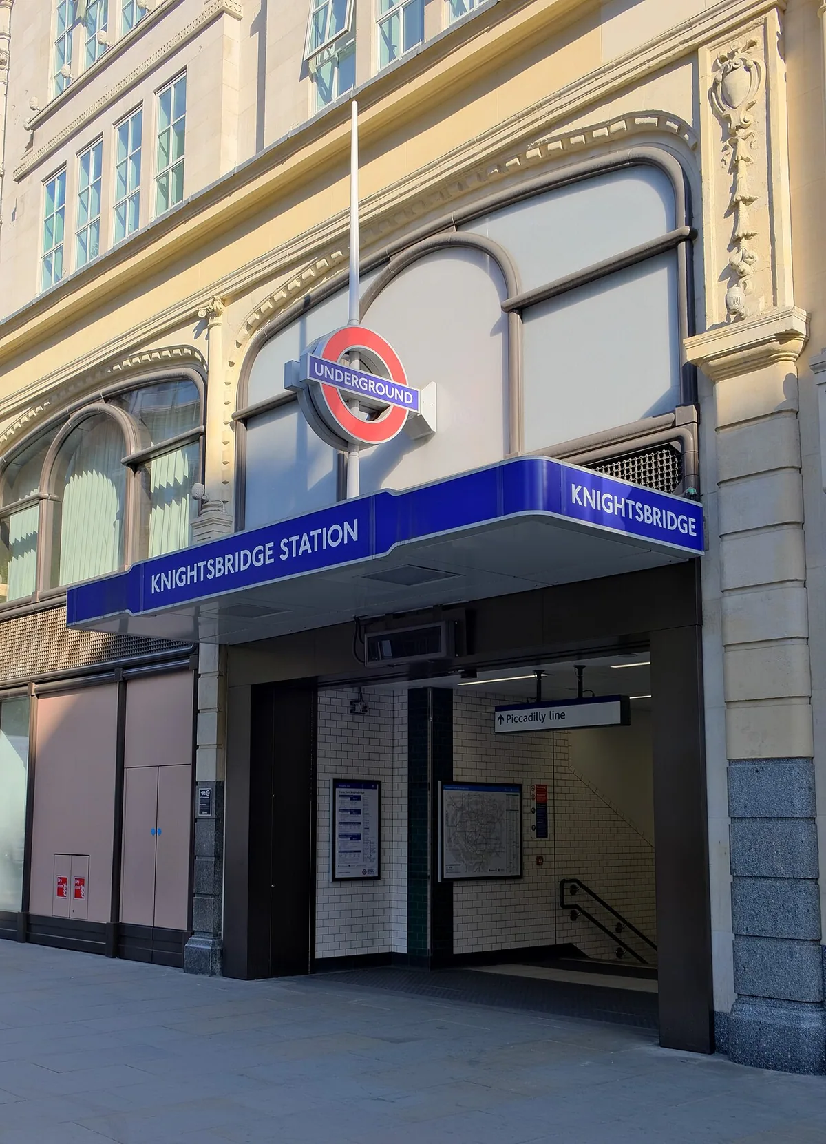 Entrance to Knightsbridge tube station at 15 Brompton Road, opened in 2022, pictured in 2025.