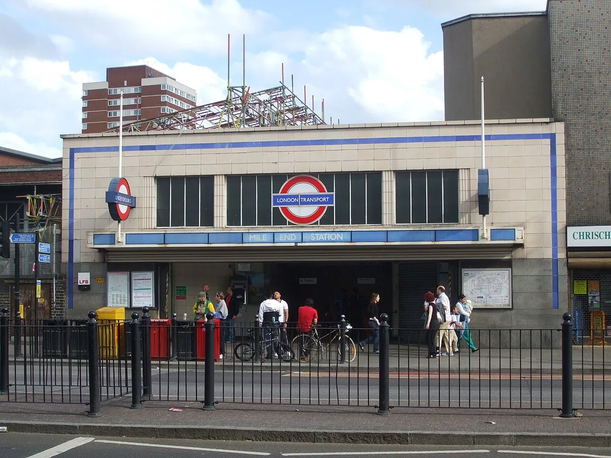 Mile End tube station entrance on the A11 Mile End Road