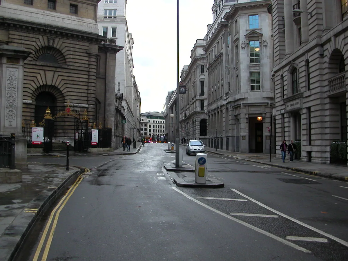 North end of King William Street (London) looking towards Monument tube station. Photographed November 25, 2006.