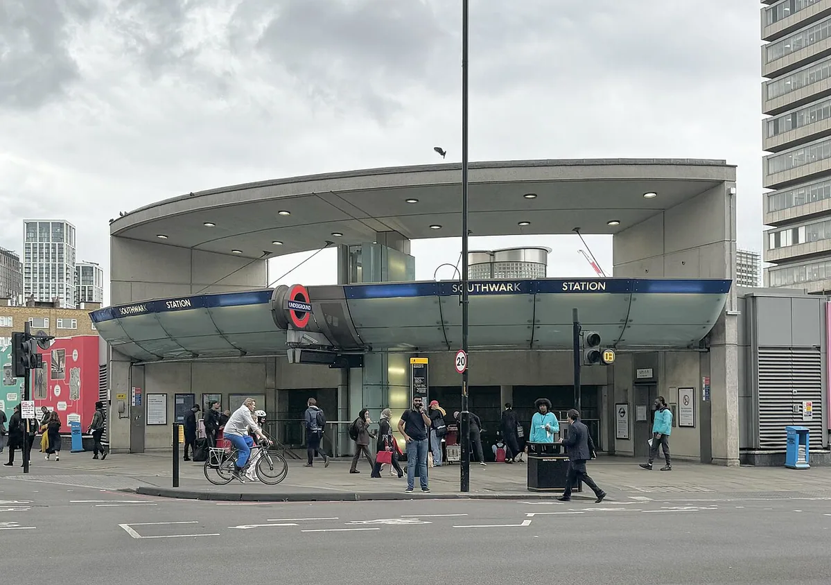 The station entrance at Southwark from The Cut, July 2024
