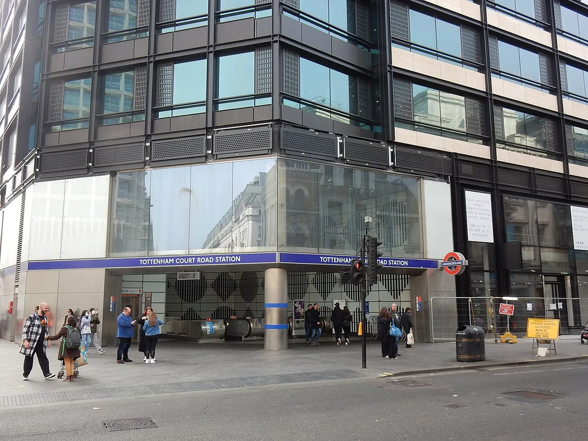 Tottenham Court Road station original entrance shown reconstructed as of 28th March 2022.