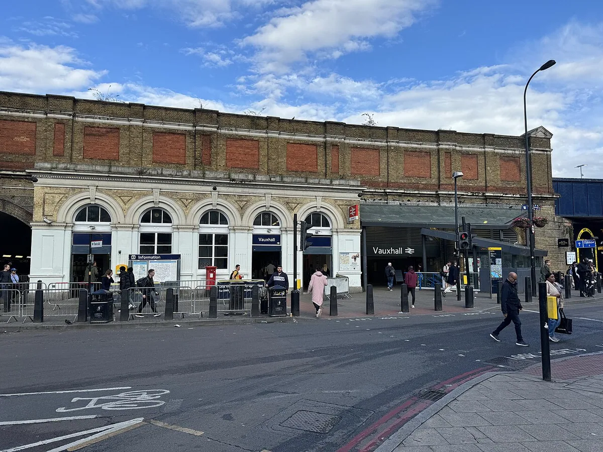 The overground entrance and building to Vauxhall station, July 2024
