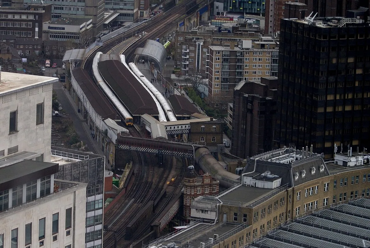 Waterloo East station, looking SE. The curved building in the right lower corner is Waterloo Station.