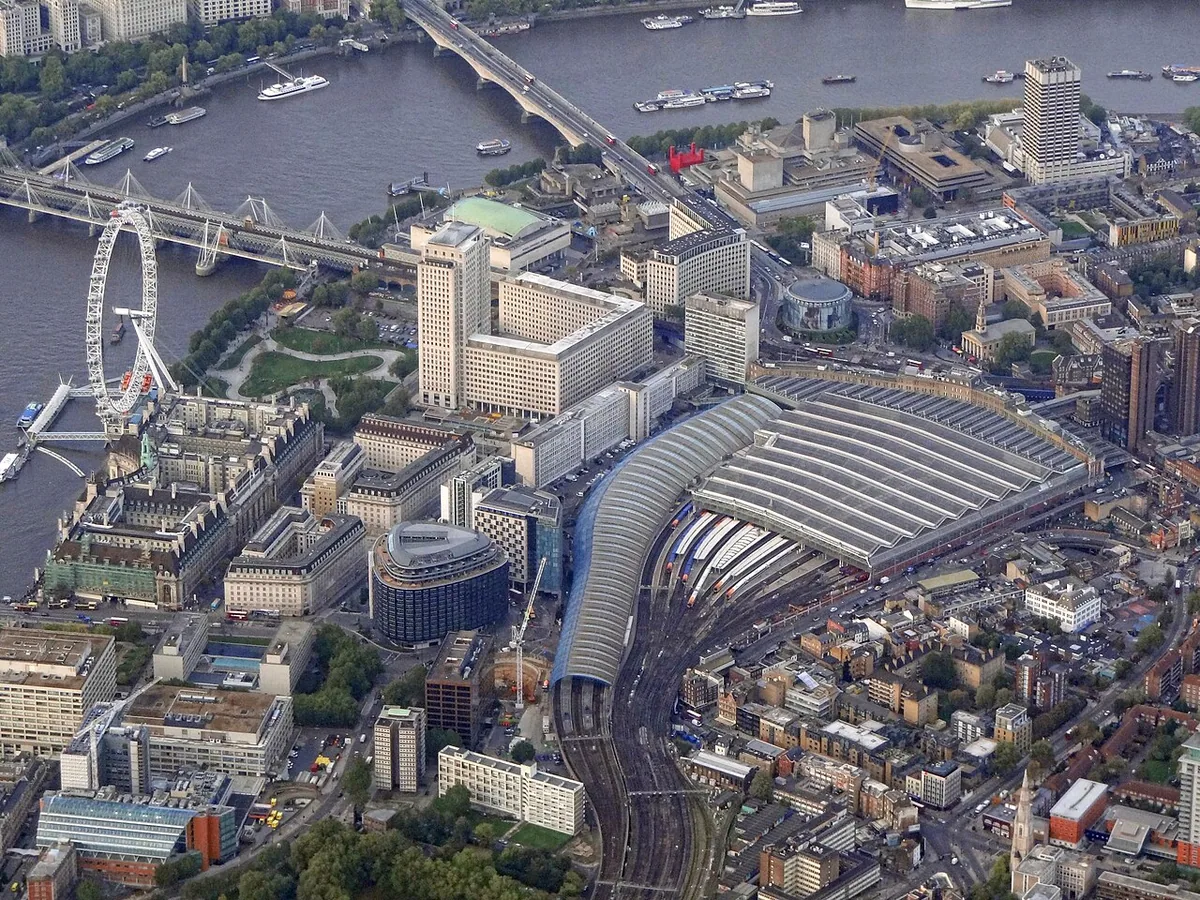 Waterloo Station in Central London, United Kingdom, photographed from a commercial flight approaching Heathrow Airport from the east.