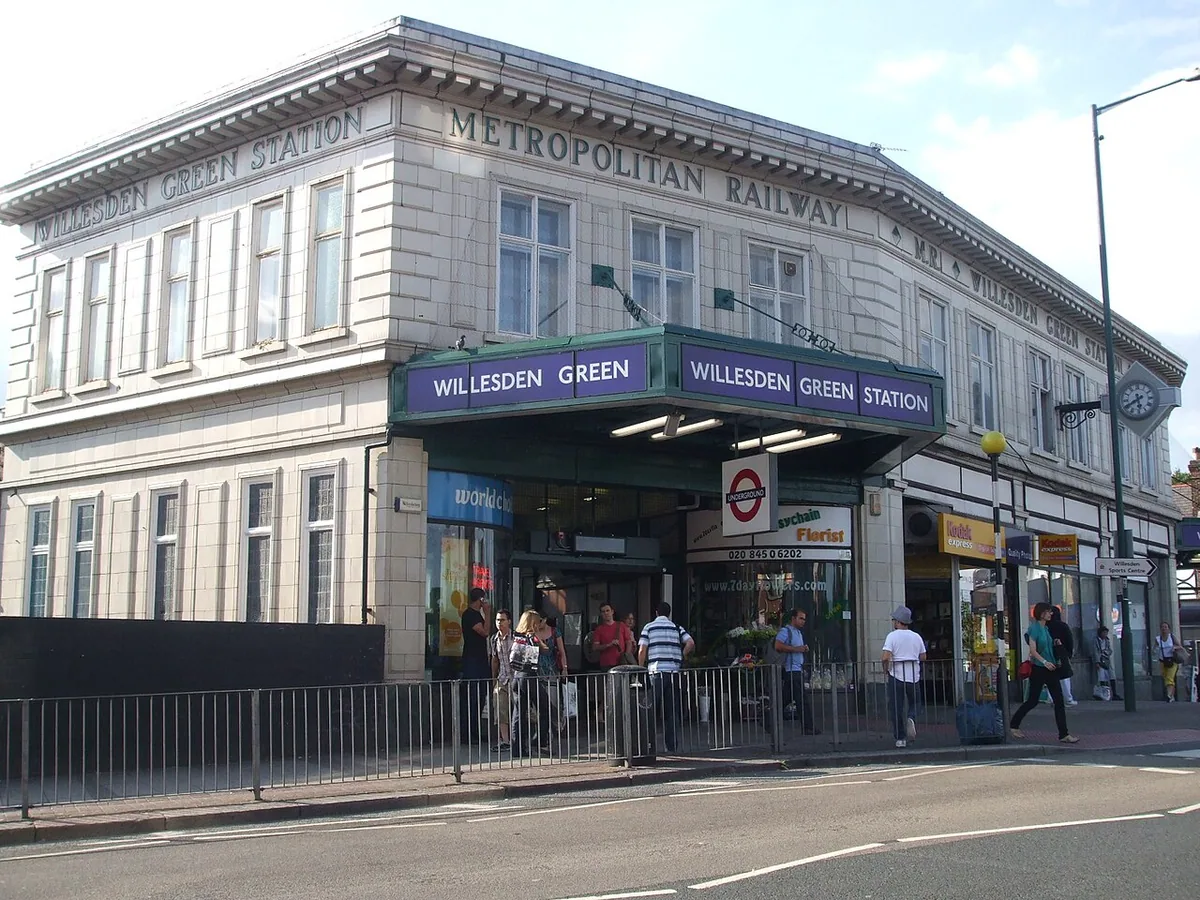Willesden Green tube station viewed from the south, a second entrance can be seen on the northern side.